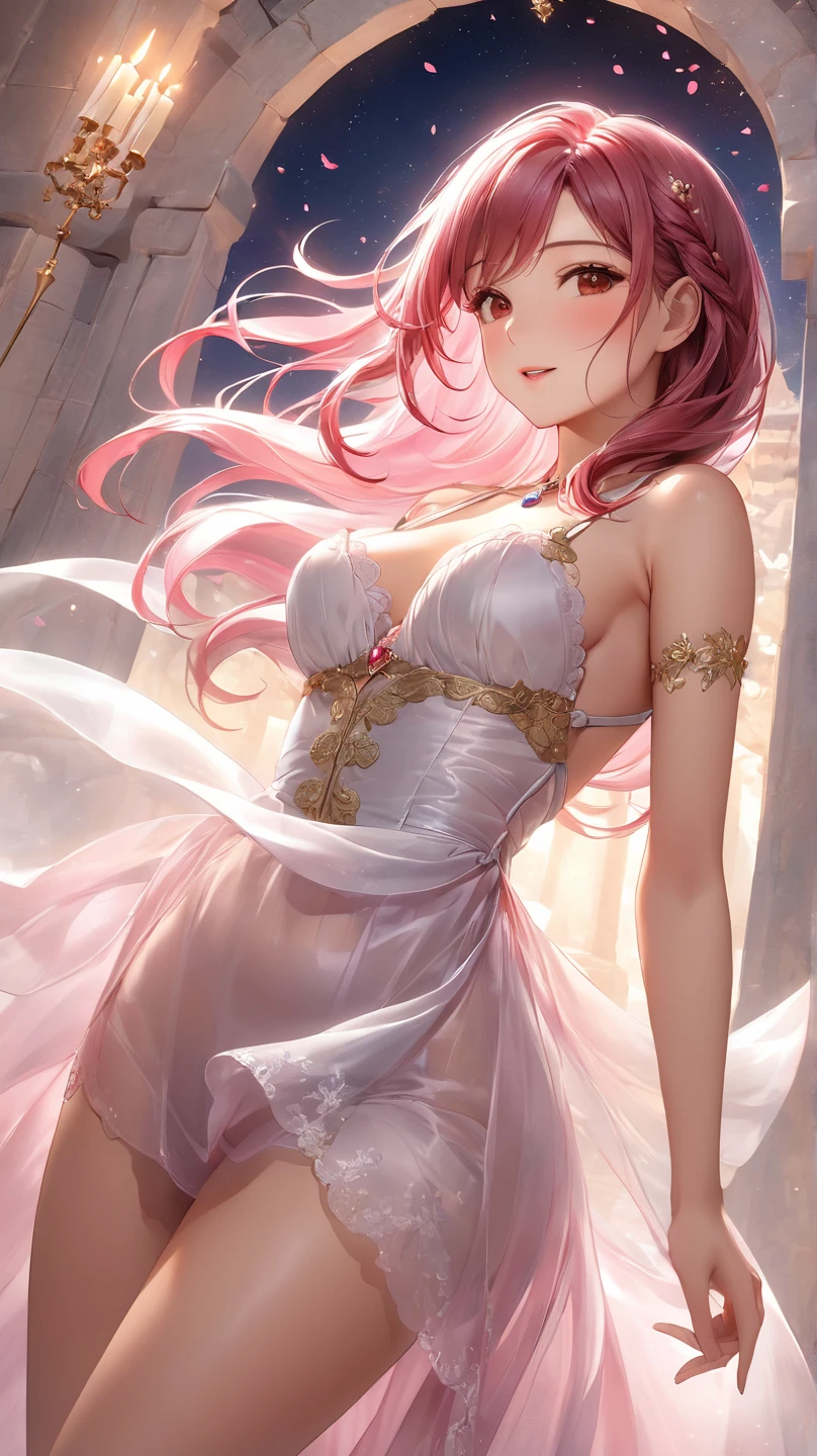 Rose color, (One princess wearing a sexy princess dress with transparent lace sleeves), (photoRealistic:1.4), (masterpiece, Side Lighting, Beautiful, detailed eyes: 1.2), Dynamic pose, masterpiece*Portraiture, Realistic, 3D Face, Glowing Eyes, Shiny Hair, Shiny skin, alone, (abdomen), extreme long hair, smile, From the blow, (masterpiece), Highest quality, Embarrassing, necklace, Earrings,