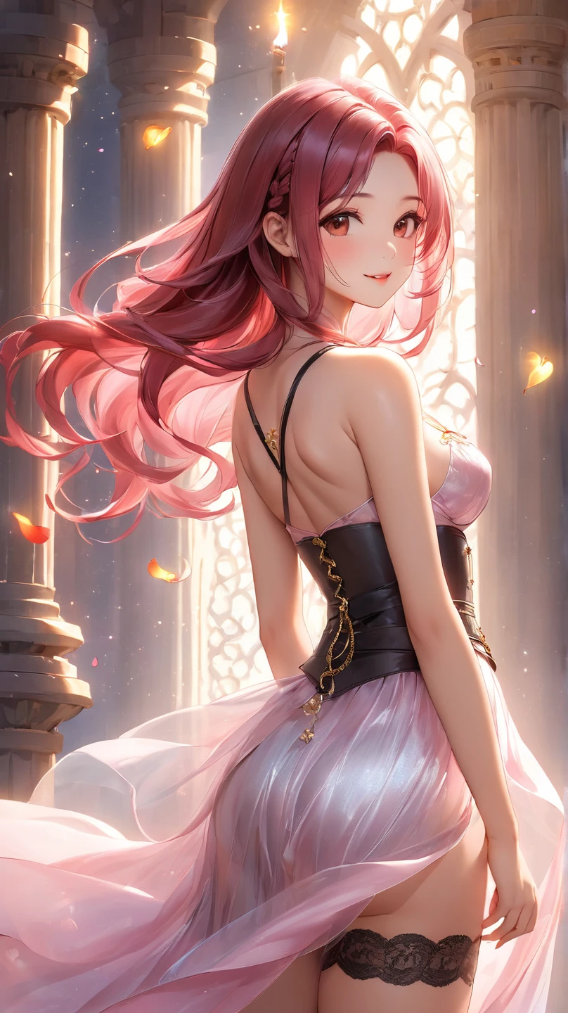 1 girl, full body back with details on the back walking in a shopping mall details, red hair fantasy very long very long slightly curly, vintage clothes lol jinx style, intricate details, stareye, blush, perfect lighting, fancy red hair, red eyes, unreal engine, side lighting, diamond type face full of freckles detailed, bangs, shiny skin, simple background,  Dark background, well-centered photo in hyper realistic 8K closeup