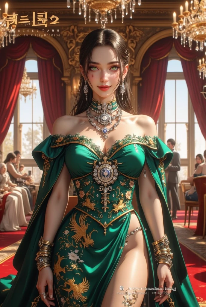 A captivating picture presents a woman adorned with a breathtaking brooch, featuring a delicate butterfly and radiant iris design. The brooch is elegantly pinned onto her collarbone, enhancing her stylish attire. Her hair, cascading in soft waves, frames her delicate features accentuating her refined elegance and sophistication. A sense of mystery envelops her as she is depicted standing against a dimly lit, velvet-toned backdrop, creating an alluring and enchanting atmosphere. The brooch's intricate details shine, casting a shimmering light on the woman's porcelain skin and her captivating green eyes that sparkle