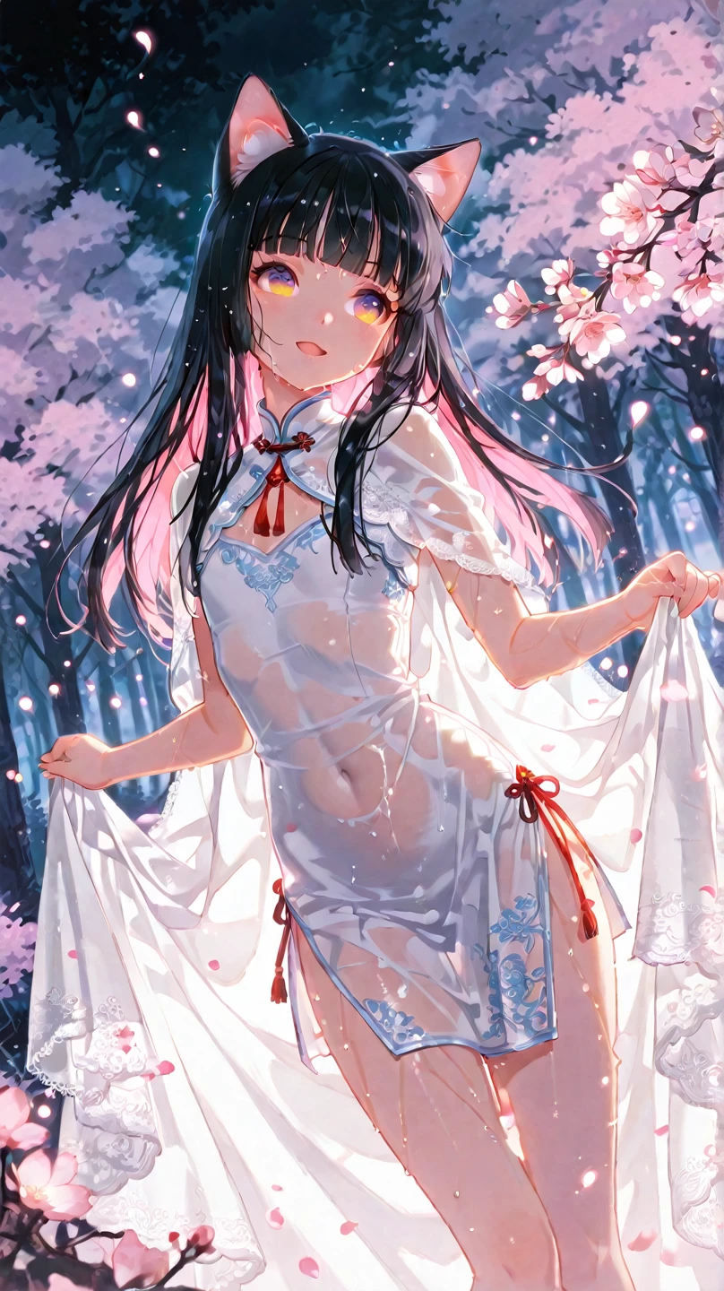 Nsfw、No clothes、nude、(girl:1.5),race,ribbon,(masterpiece, side light, Beautiful detailed gray eyes: 1.2), Medium chest, realistic, shining eyes,shiny hair,black hair,long long hair, Glossy skin, alone, embarrassing,exquisite,beautifully,garden,flowers,flying petals, barefoot, Cherry Blossom, cinematic light, cinematic composition, rich expression、smile