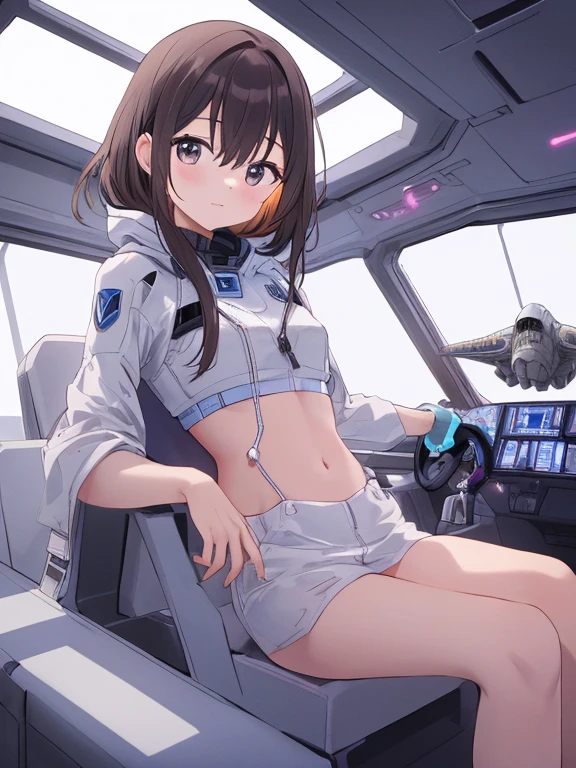 (masterpiece), (best quality), 1girl, pilot, flying helicopter, from cockpit, leotard, bare legs