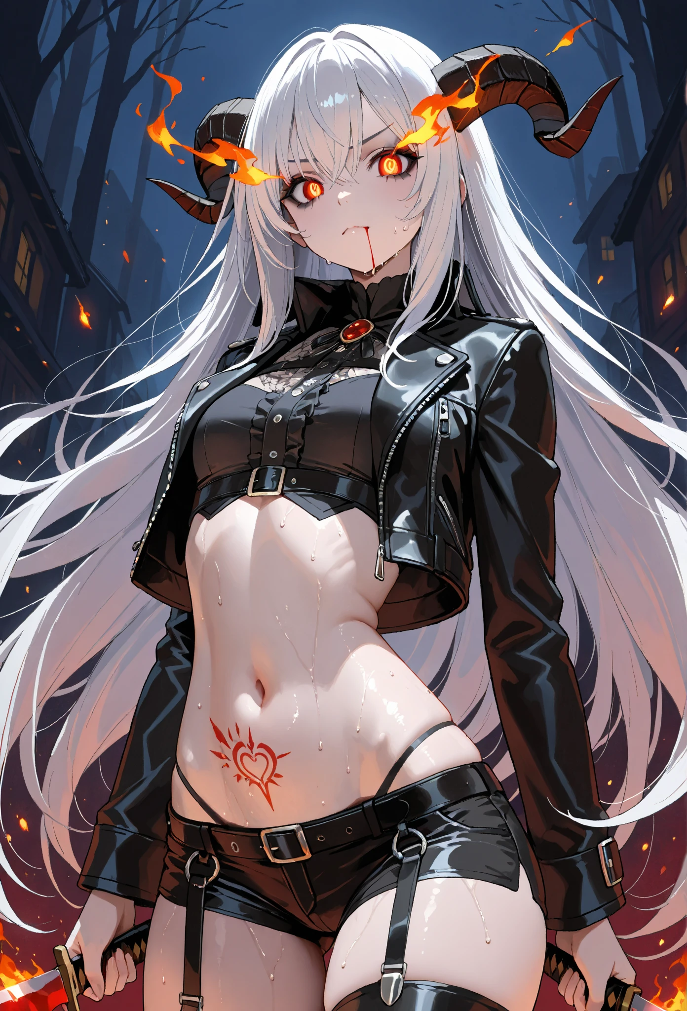 "Horror theme, demon girl with intricate tattoos, dark aesthetic, haunting gaze, piercing red eyes, flowing silver hair."
