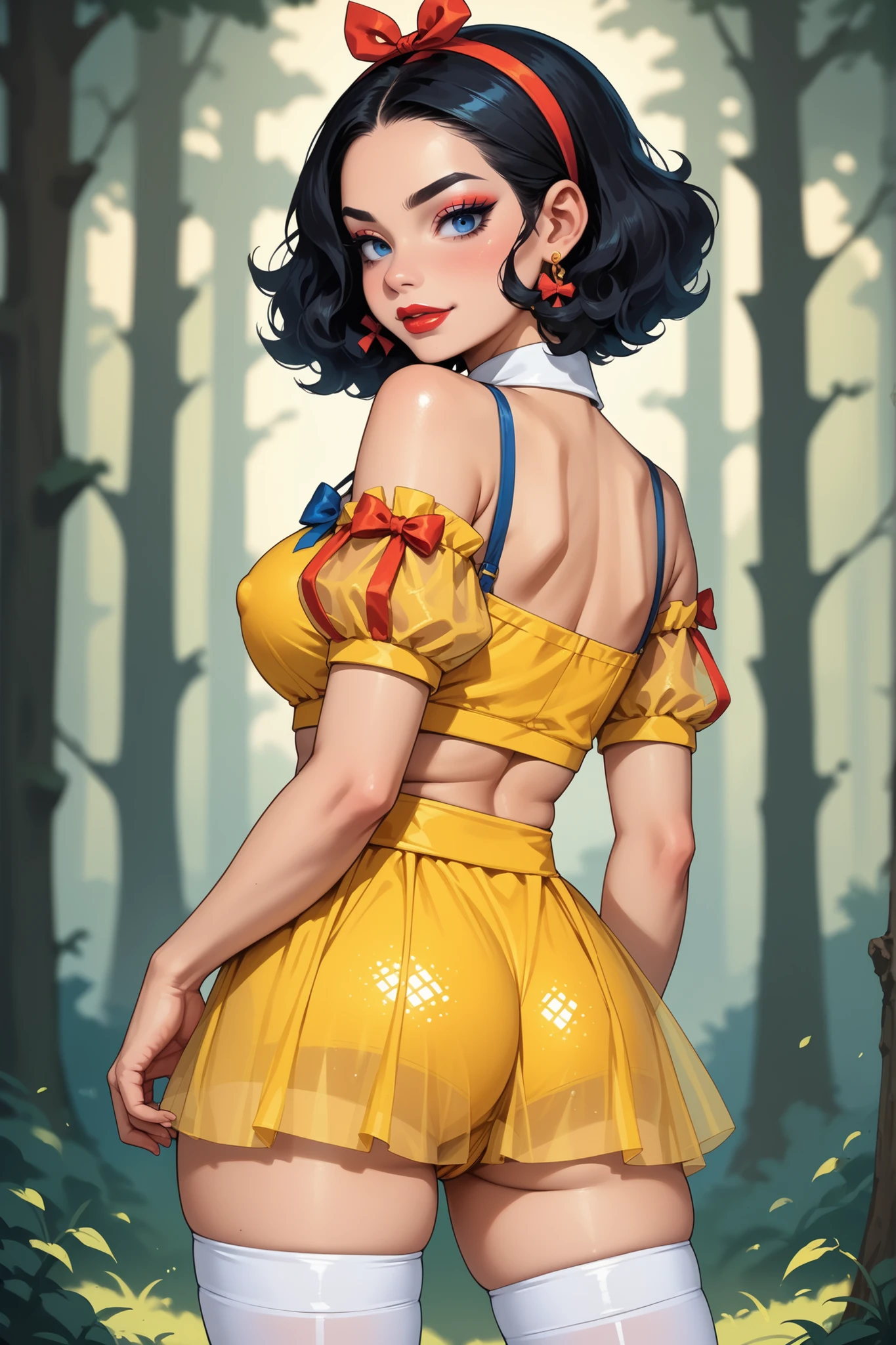 score_9, score_8_up, score_7_up, score_6_up, score_5_up, score_4_up, source_anime, 1girl, solo, large breasts, black hair, makeup, lipstick, blue eyes, hud_sn_wh, yellow skirt, white thighhighs, garter straps, blue sequins crop top, puffy sleeves, navel, see-through, midriff, bow, hairband, upper body,  forest, spread legs, pussy, naughty face, looking back, ass, from behind,