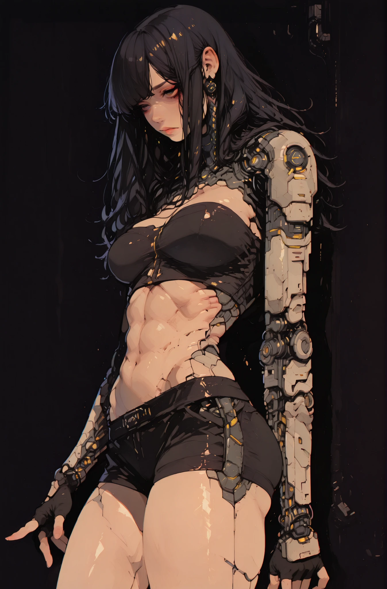 (masterpiece:1.35), (very aesthetic, best quality:1.3), highly detailed, dark environment, backlit, absurdres, no lineart, hyperdetailed realism, addmicrodetails, detailed shading, realistic textures, female focus, 3d anime style, dark background, view from side, hair behind ear,
Indoors, chromatic aberration, sharp detail,
simple background, solo, metallic textures, plastic, glossy, android, cyberpunk, futuristic aesthetic, mechanical anatomy, roboti details, detailed mechanical joints, skin lines,
Adorable and attractive, female, long hair, shiny hair, black hair, shiny plastic skin, black earrings, curvy and petite, yellow iris, perfect breasts, very narrow waist, skindentations, hip_indentations, very small abs, slender, round hips, thick thighs, long swept bangs, disheveled hair,
Black trim, revealing outfit, fingerless gloves, black tube-top, black spandex shorts, impossible clothes, exposed midriff,
Standing, neutral expression, dynamic pose, expressionless, lips, eyelashes, eyebrows, eyeliner,