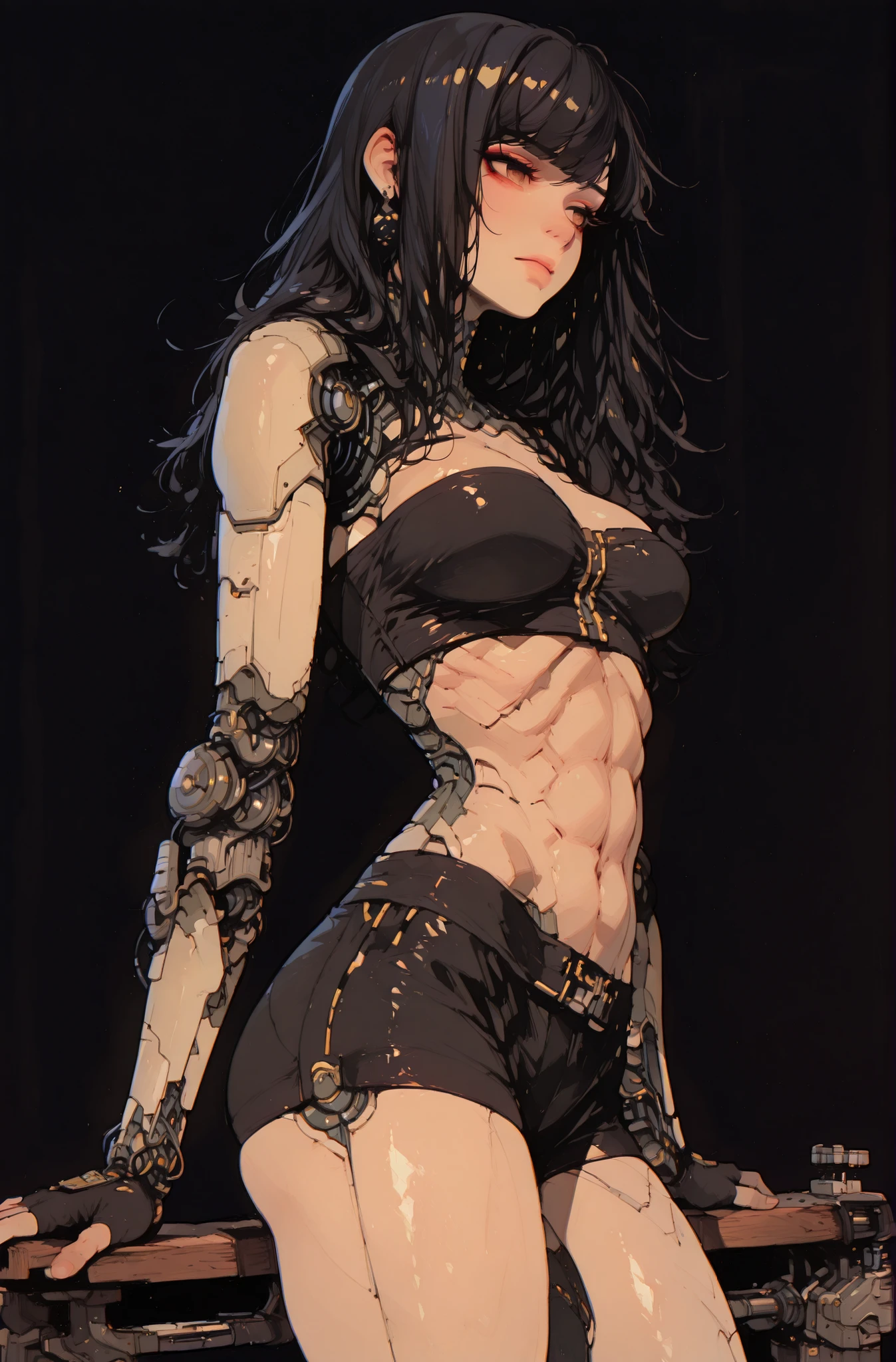 (masterpiece:1.35), (very aesthetic, best quality:1.3), highly detailed, dark environment, backlit, absurdres, no lineart, hyperdetailed realism, addmicrodetails, detailed shading, realistic textures, female focus, 3d anime style, dark background, from side,
Indoors, chromatic aberration, sharp detail,
simple background, solo, metallic textures, plastic, glossy, android, cyberpunk, futuristic aesthetic, mechanical anatomy, roboti details, detailed mechanical joints, skin lines,
Adorable and attractive, female, long hair, shiny hair, black hair, shiny plastic skin, black earrings, curvy and petite, yellow iris, perfect breasts, very narrow waist, skindentations, hip_indentations, very small abs, slender, round hips, thick thighs, long swept bangs, disheveled hair,
Black trim, revealing outfit, fingerless gloves, black tube-top, black spandex shorts, impossible clothes, exposed midriff,
Standing, neutral expression, dynamic pose, expressionless, lips, eyelashes, eyebrows, eyeliner, workbench, tools,