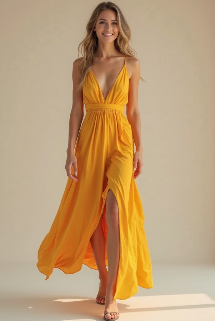 a woman in a yellow dress posing for a picture, low cut dress, sexy gown, lady using yellow dress, yellow robe, wearing a yellow dress, opened dress, revealing stylish dress, beautiful yellow woman, flowing dress, yellow, gorgeous lady, long dress, full body length, beautiful lady, sexy dress, full length view, open v chest clothes