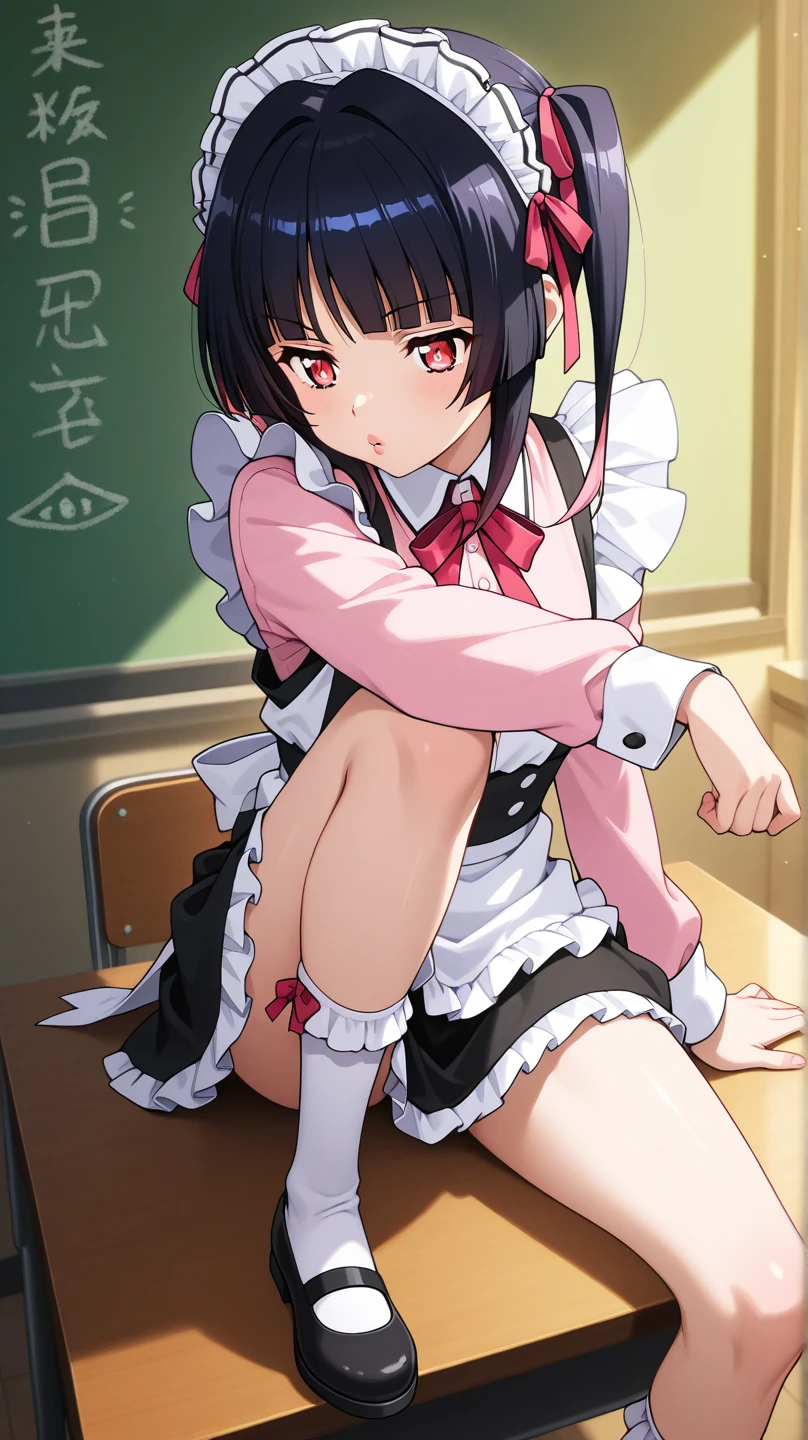 1girl in,Sitting,From above,Looking at Viewer,Tomomi_Xijing, bow ribbon, Short hair, ,red uniform,Winter clothes,Long sleeves,skirt,((tuck up a skirt to a chest)),(Skirt lift),(up skirt),((Panties)),Perfect Lighting,Best Quality,,Smile,blush,anime screen cap,Flat color,cel shading,short torso,Show off panties,pantyshot,