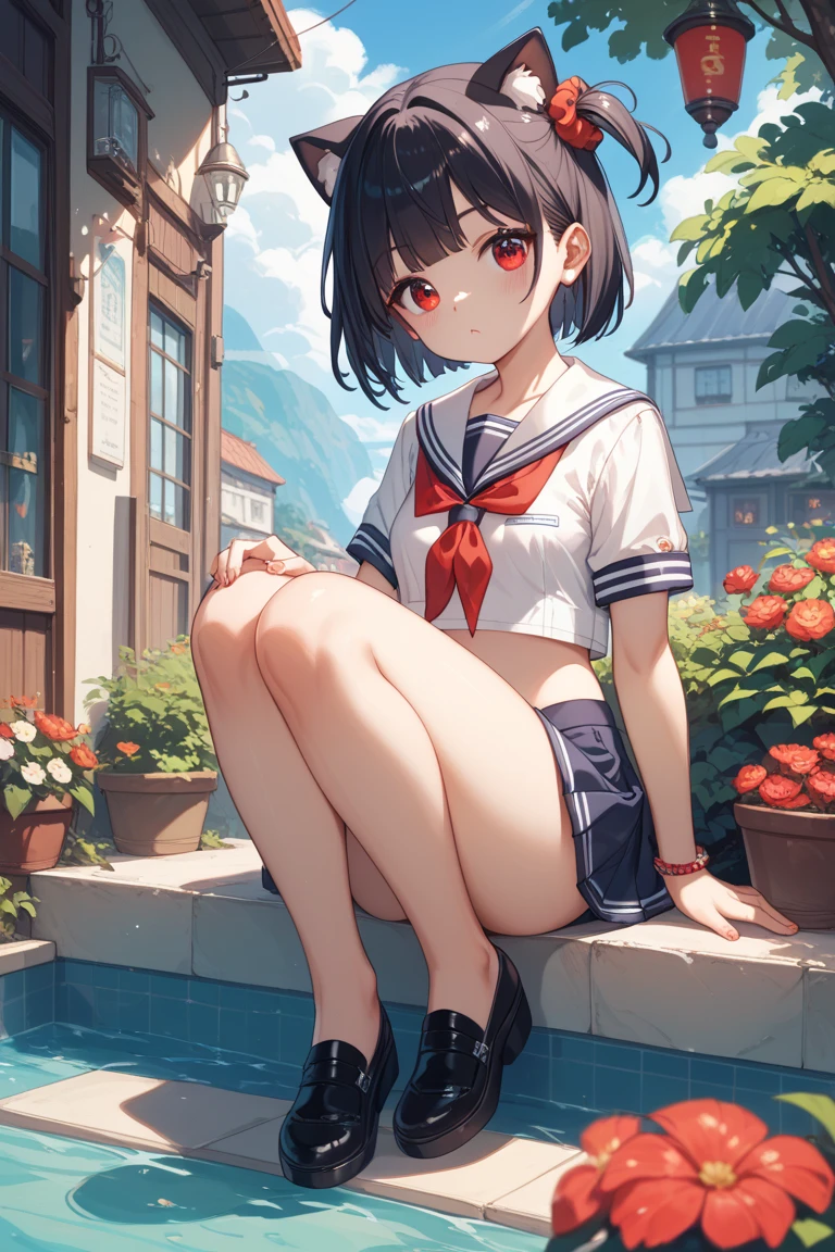 (highest quality), Super detailed), (Ultra High Resolution 8K), High-definition facial beauty, ((Skirt Lift)), A plain girl with glasses, (Big Breasts), (Looking up), Detailed sailor suit, Showing panties , (Blushing, Embarrassing), Very hot day, Shade, ((, Sit down)), Panties that are damp, Makoto Shinkai Cyril Rolando