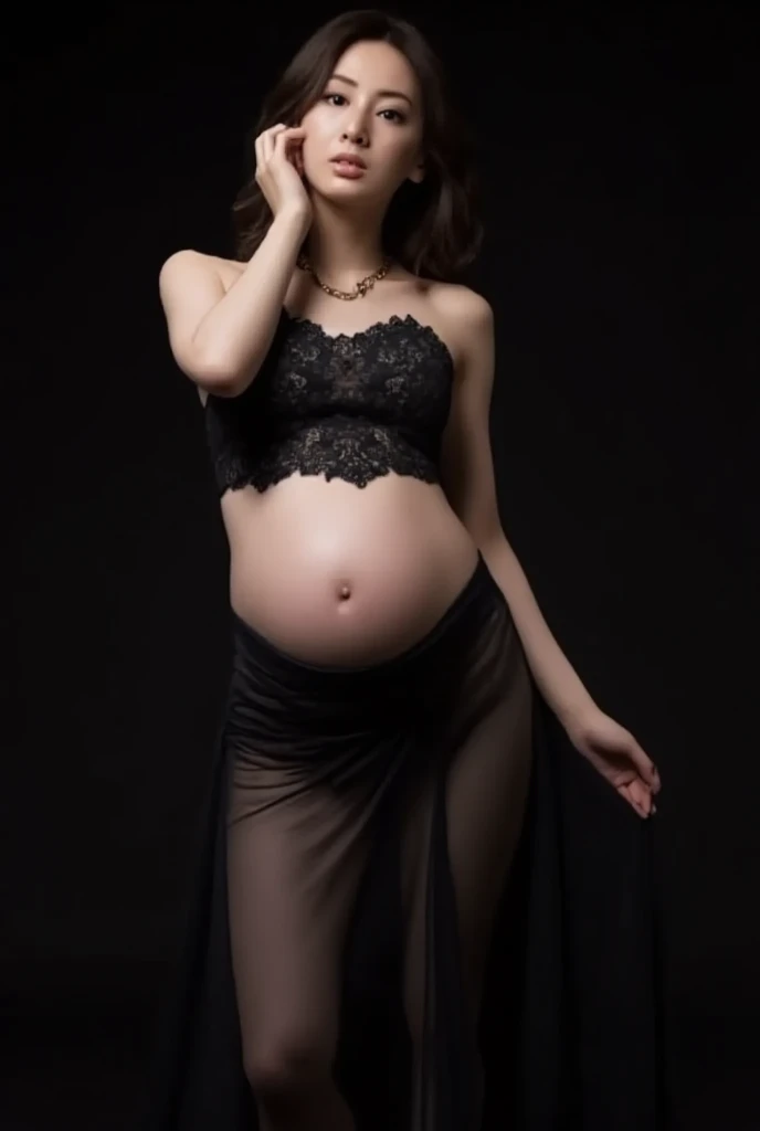 Japanese,Mature Woman, (alone), 50 years old, (Double),whole body,Long Hair, Glamour, Pure white skin, Photographed from the front,Watching the audience、(Black Bra)、(Black pantyhose),Pantyhosed toes、Room floor、squat,(Are pregnant)