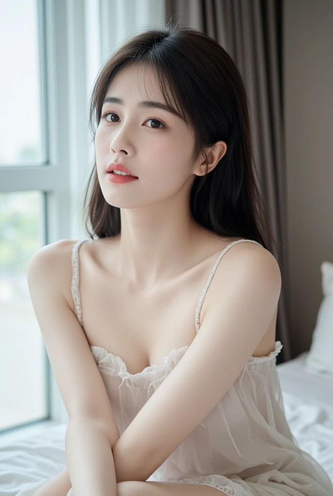 8k, Ultra-high resolution, Highest quality, masterpiece, 三分割法によるphotograph,Surreal, photograph, 1 girl, (16 years old:1.3), pretty girl, Cute face, Beautiful eyes in every detail, 細かくdetailedに,masterpiece,, One Girl:1.2, Japan Female Announcer,whole body,Young Wife,Leaning against the window, Nice views, Standing at the window, Pressed hard against the window, Standing on top of a skyscraper, Near the window, With your back to the window, Amazing View ,View from the side, White lace underwear,A carefree smile,Healing the heart,Bold Pose,Short Bob,Looking at the audience、beauty,Long neck、Laugh a little、Please close your mouth and laugh、(((Ideal body type))),A-cup small breasts :2,、Portraiture:2、Perfect Anatomy、鮮明なdetailed、detailed、Surreal、Light and shadow,Strong light