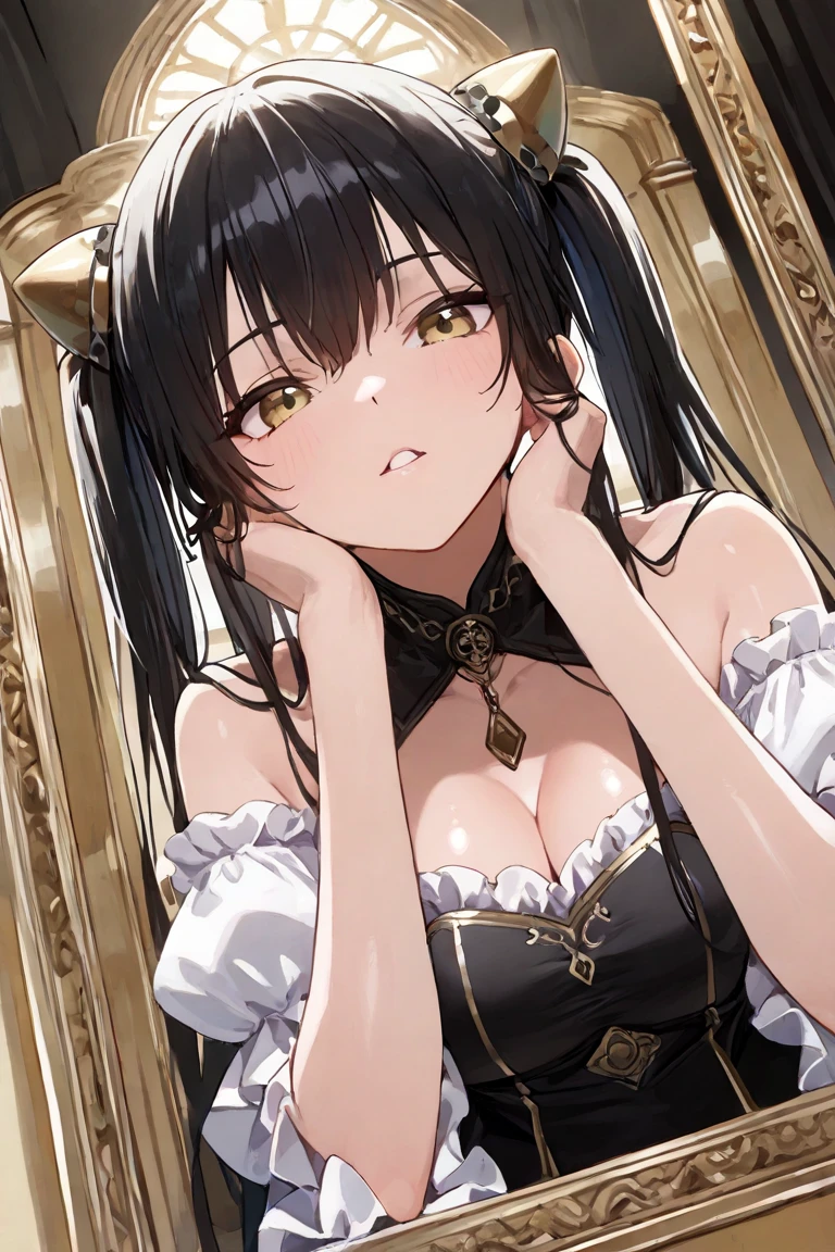 ((best quality)), ((masterpiece)), (detailed), Seven Deadlg Sins screencap of a female character with black long hair thats messy. She has yellow eyes. She has a nonchalant expression. She's wrapped completely by a gold chain. 