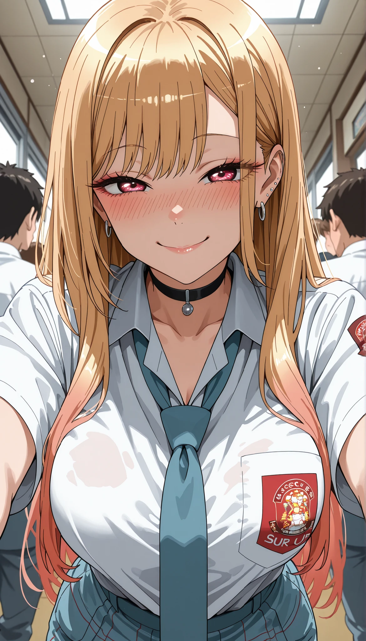 score_9, score_8_up, score_7_up, score_6_up, score_5_up, score_4_up, source_anime, Marin Kitagawa,tag1, tag2, best quality, high quality, 8k, very high resolution, perfect lighting, clear face, long hair, blonde hair, bangs, Indonesian high school uniform, large breasts, looking at the audience, seductive smile, shy, drunk eyes BREAK low angle view, POV, leaning on people