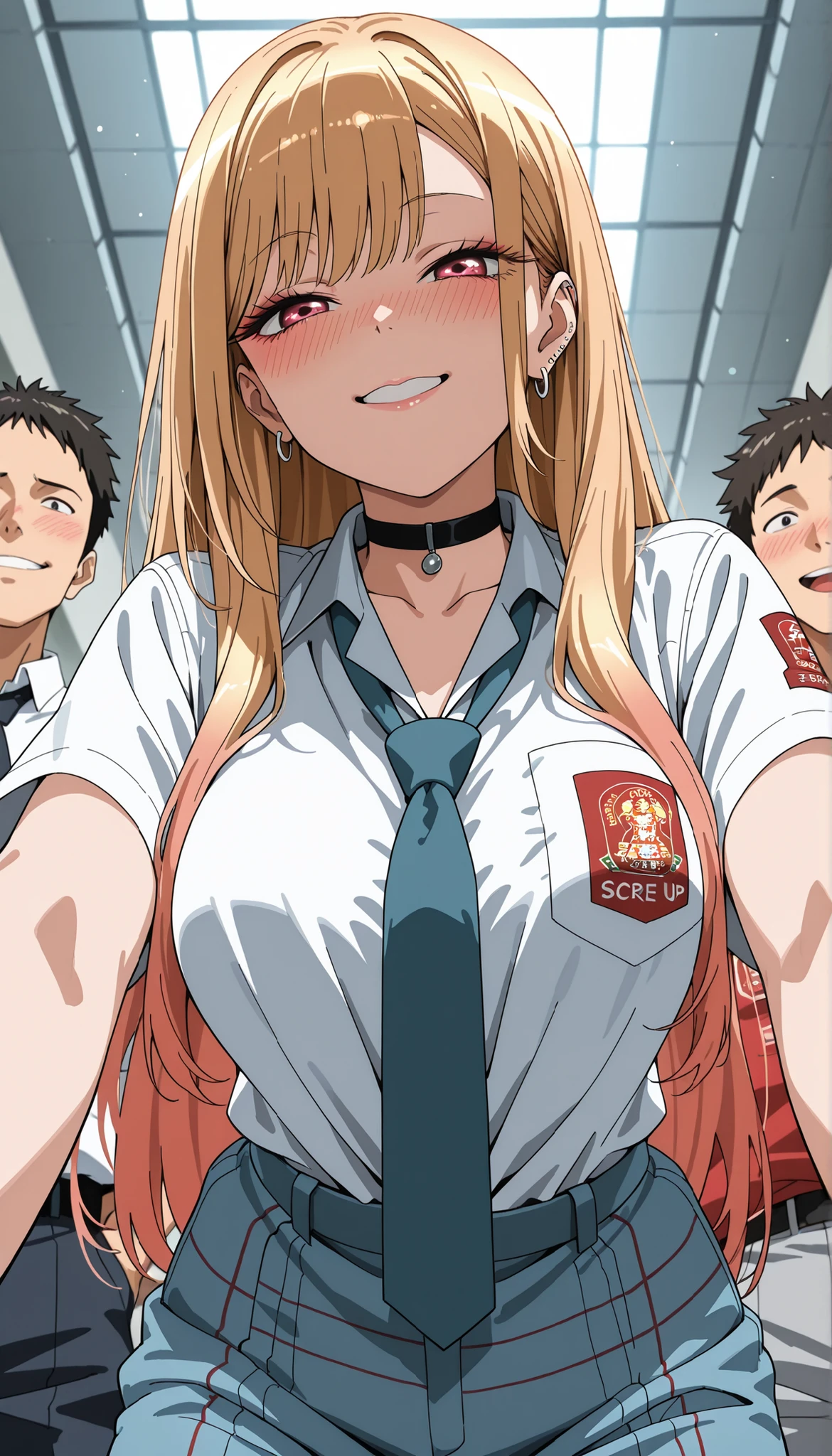 score_9, score_8_up, score_7_up, score_6_up, score_5_up, score_4_up, source_anime, Marin Kitagawa,tag1, tag2, best quality, high quality, 8k, very high resolution, perfect lighting, clear face, long hair, blonde hair, bangs, Indonesian high school uniform, large breasts, looking at the audience, seductive smile, shy, drunk eyes BREAK low angle view, POV, leaning on people