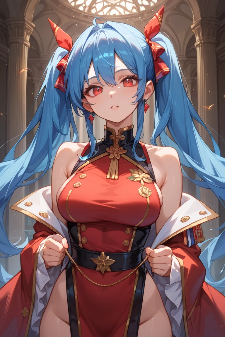 (masterpiece, best quality), 1girl, <lora:e7lua-nvwls-v1:0.8> e7Lua, hair ornament, earrings, chinese clothes, dress, cleavage, elbow gloves