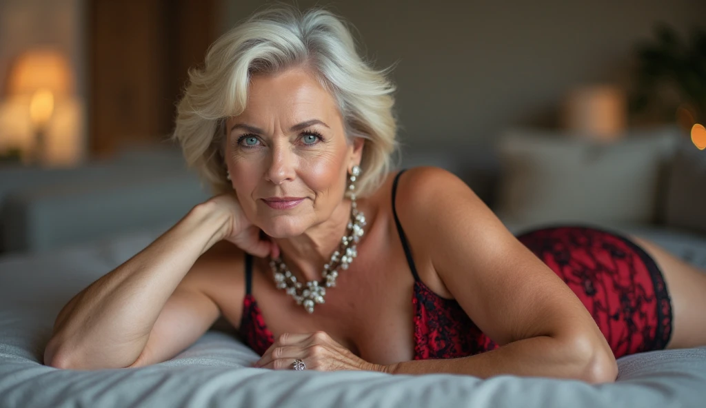 ((2womans)),(((top quality,realistic,masterpiece))),(65 years old:1.2),silver hair,(there are many wrinkles on her face:1.2),old woman,((erotic red lingerie)),wave hair,erotic face,Enhance,midnight,Seductive pose,smile