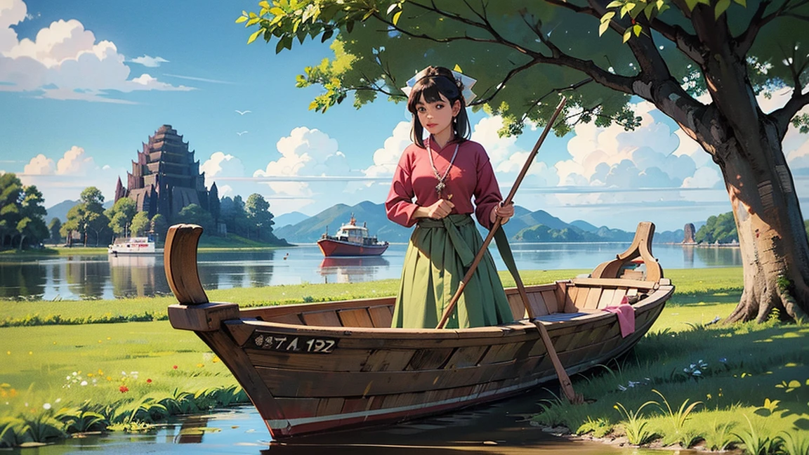 A cinematic, beautiful full body shot of a beautiful, cute looking dwarf lady sitting in a boat enjoying the beautiful scenery high detail, 8k, photorealistic, rule of thirds depth of field intricate details, concept art, vivid colors, detailed design, attention to detail, grandeur, stunning visual masterpiece, fantastical realm, hard light