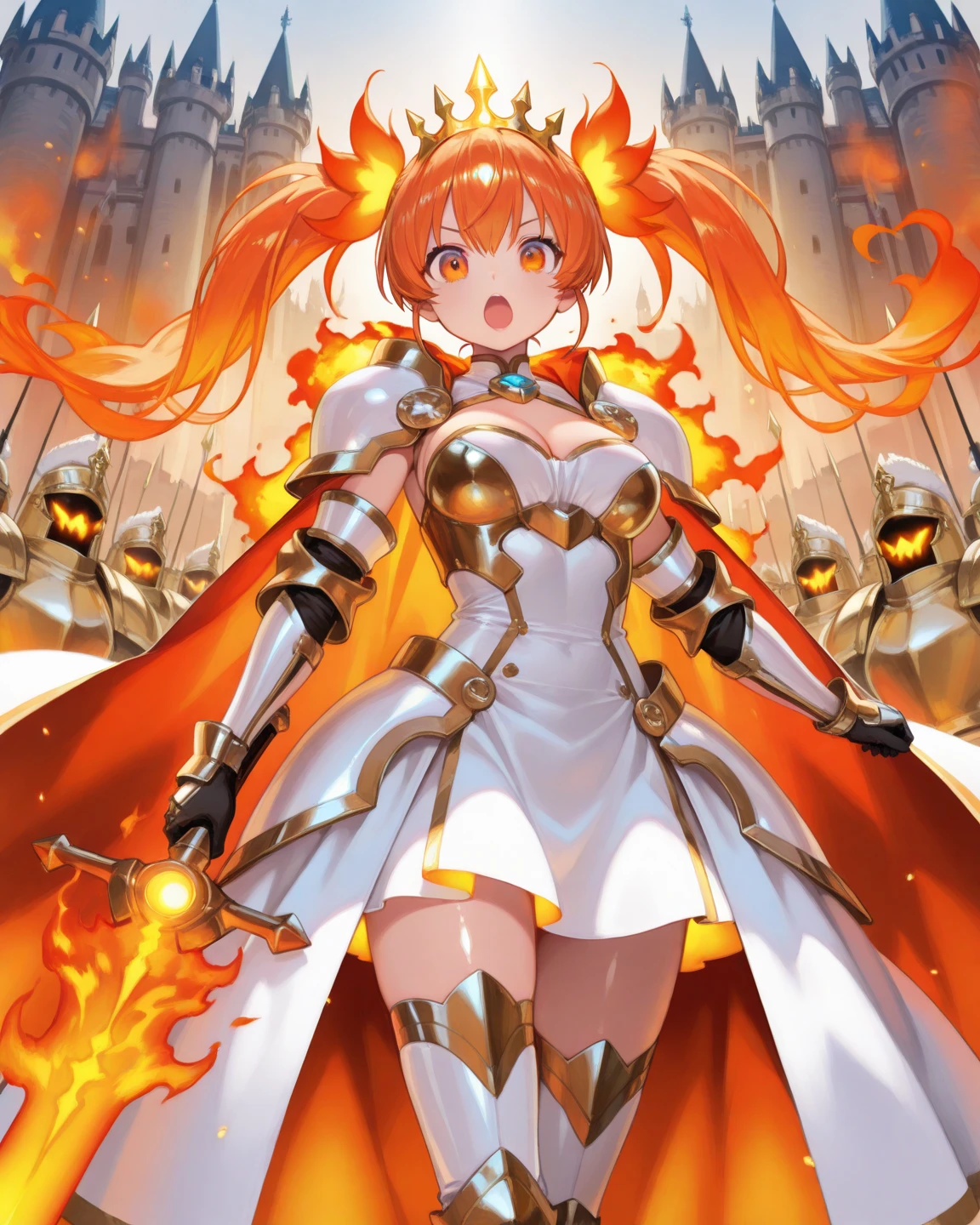 anime style, no mistakes, perfect hands, SFW, 1woman, knight, wearing golden white armor, no helmet, very long orange hair, scarlet pink eyes, white skin, big breasts, wide ass, thick thighs, perfect curves, pretty , silly face, carrying a golden longsword with red jewels