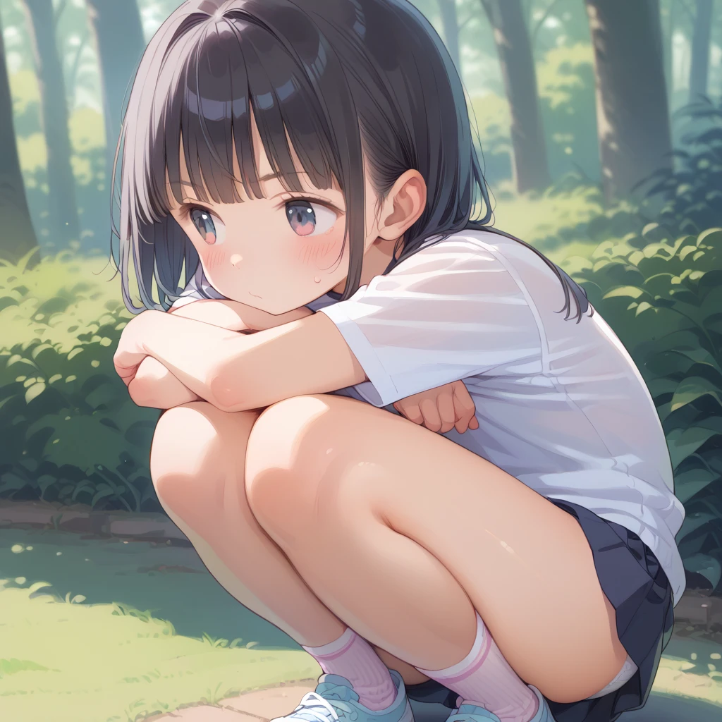 1 girl, solo, White Polo Shirt, White mini skirt, masterpiece, best quality, Super detailed, (Sweating:1.4), absurd, looking at the audience, short black hair, brown eyes,(Thick thighs:1.0),Sky,Tree,Awa Onsen,bath,bikini,rain,white,Charming smile,Underboob exposed,Flower headdress,Waving,love letter,Blushed,Squat down,Fold your hands on your knees