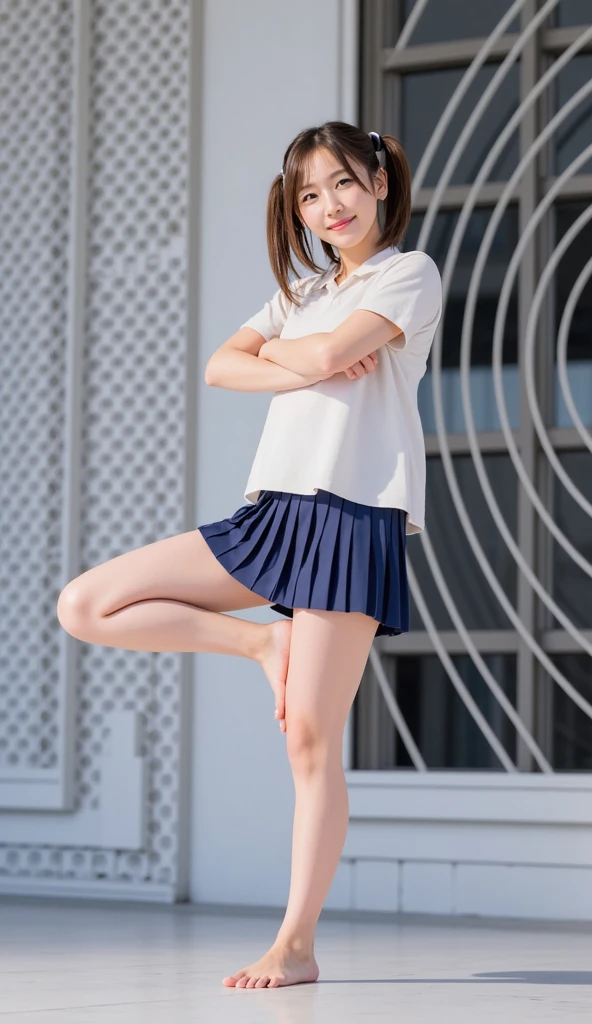 Japan girls, Japan, 18 year old girls, short hair, black hair, brown eyes, small breasts, perfect figure, perfect skin, , light blue shirt, navy blue skirt, underwear, Panty shot, sneakers, feeling jumping and bouncing happily, jumping, schoolyard,