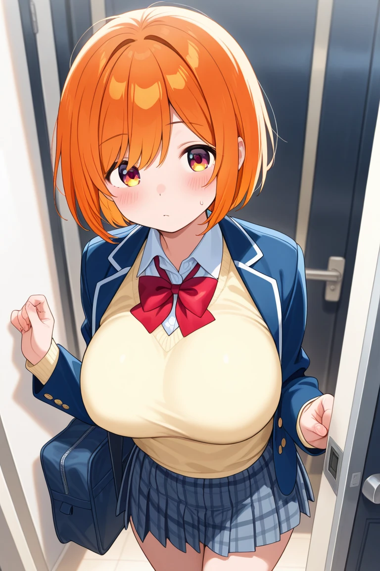 pieces fly、masterpiece、highest quality、Super detailed、High resolution、High resolution、8K portrait、Unity 8k壁紙のHigh resolutionCG、unity 8k wallpaper、cute:1.5、Highly detailed CG unity 8k wallpaper、realistic、real person、cute、 portrait photography、shiny skin、High resolution、((Orange Bob Hair:1.2))、(16 years old:1.2)、(1 girl)、(city road:1.6)、(school uniform:1.3),perfect face, seriously, (blush:1.5),(((clothing lift:1.5))),((I have nipples:1.5)) (midium breasts:0.8),((Orgasm in the vagina:1.5)),(green ribbon:1.2),(pose:1.5)