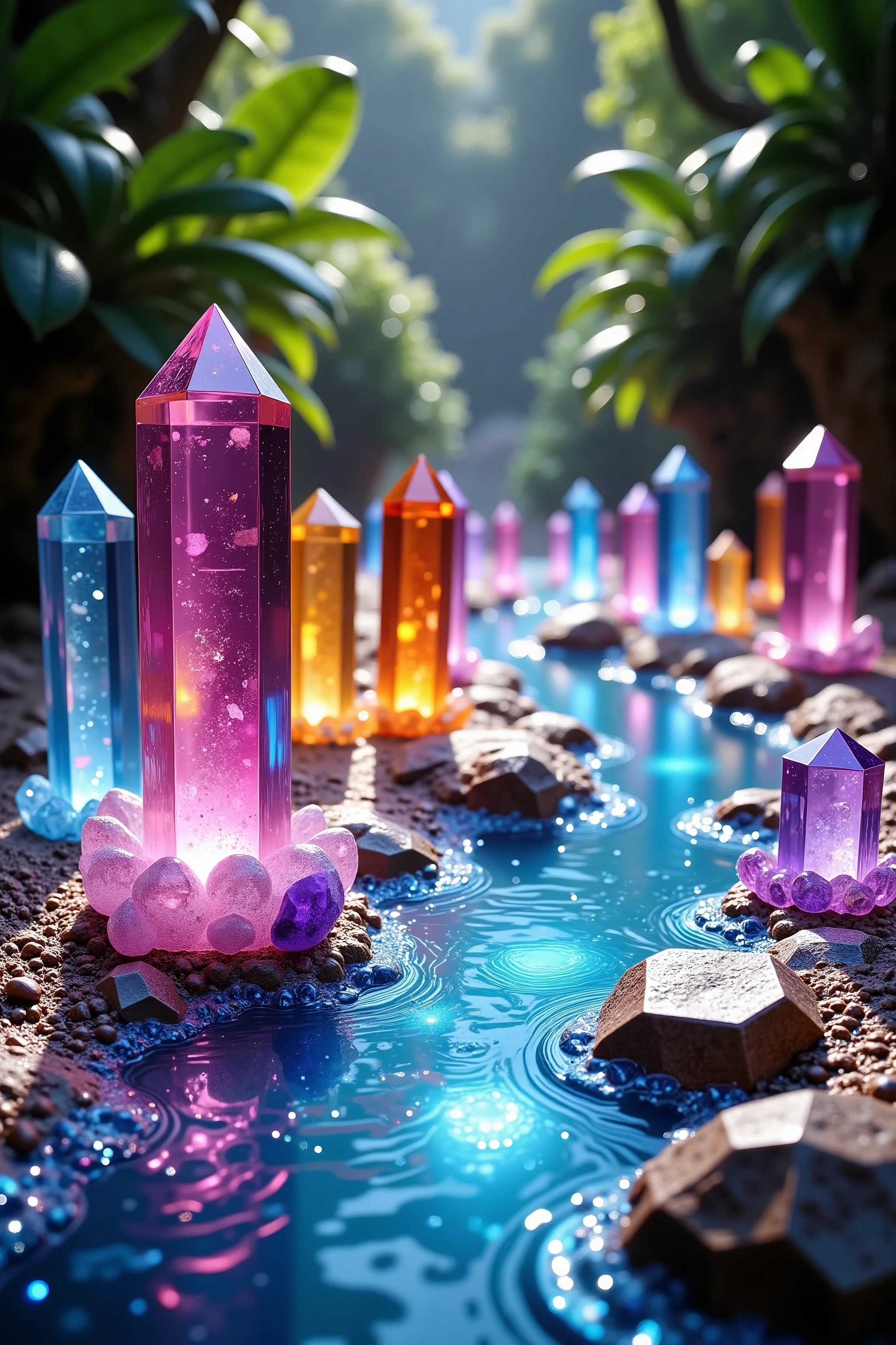 Ultra-realistic, photo-realistic, hyper-crystalistic,  Quartz crystals of all colors and of all height  are protruding up out of the ground lining a clearish blue stream that turns a beautiful darker blue that bubbles profusely on the outer edges of the stream where the crysyal points begin to emerge. The height of the translucent, yet colorful crystals range from 1 to 30 feet tall and are largest on the stream's curved edges, a lush tropical rainforest overgrowth is beyond these crystals which are blue, purple, pink, red, orange, yellow, and absolutely clear and radiate an energy with a sharpness thst can be seen in the form of phantom rainbows of dissected light that is thrown in all directions. Small beings of positivity can sometimes be seen, often times engaged in hand to hand combat with the shadow people who avoid detection and direct sunlight, and who can usually only be seen in the form of anti photons in the big cities that thrive off of electricity as well as artificial light sources that destroy our view of the stars at night. Here in the jungle, the incredible and enchanting crystal stream is illuminated with the full sunlight that is absorbed and blasted out as many different forms of energy that all creatures can appreciate far beyond the exterior perimeter of the crystal stream. Thousands of different tall, thin, colored, translucent quartz crystal points protruding from the ground lining the stream, the taller ones usually collecting where the stream bends and curves. Breathtakingly beautiful, ultra-realistic, photo-realistic, cinematic photography, cinematic portrait, photorealism, hyperrealism, ultra-detailed, UHD, full focus, 3D rendering, 8K, highres, cinematography, masterpiece 