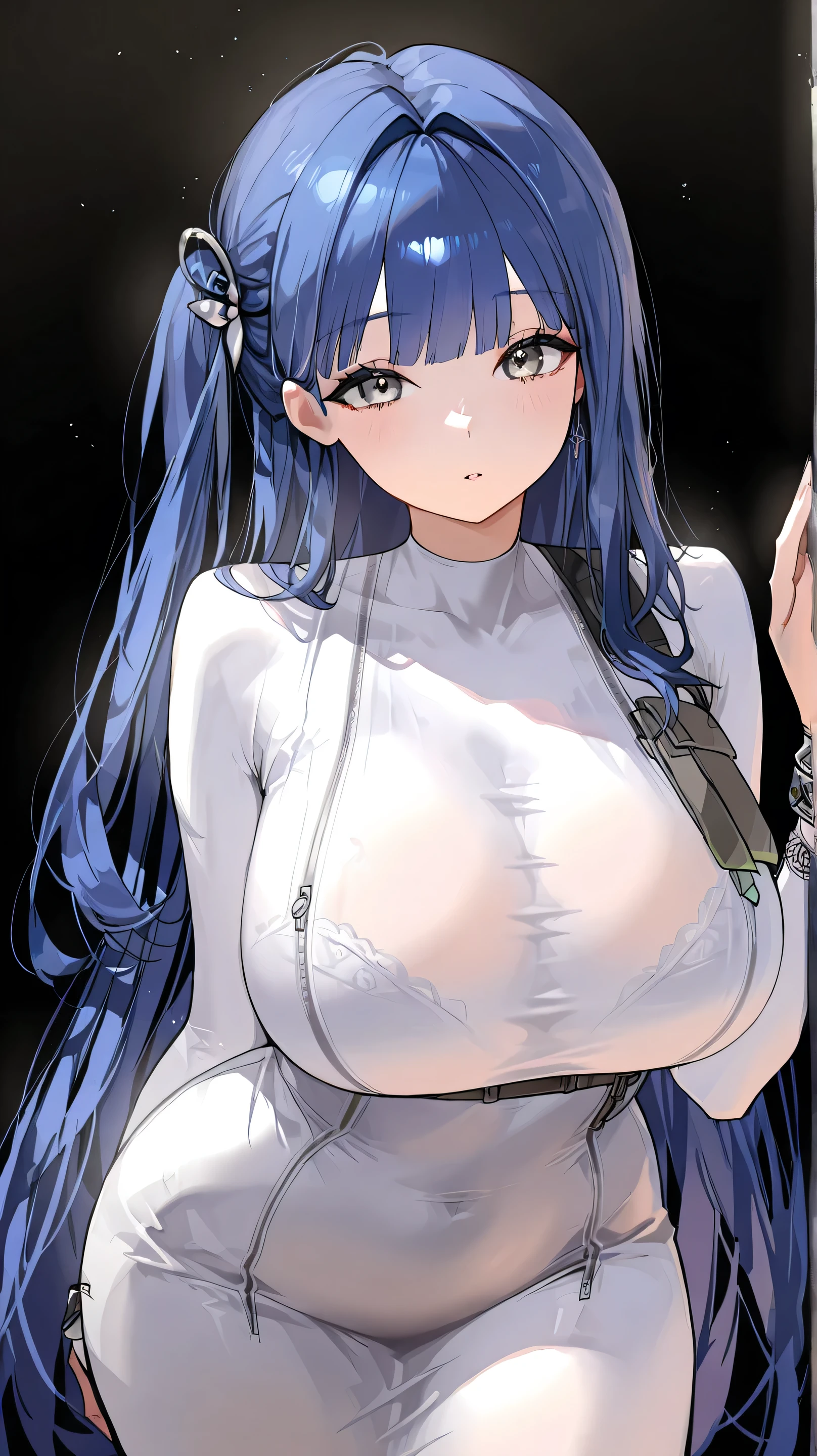 masterpiece, best quality, high resolution, very detailed 8k, very detailed, 1 girl, solo, Arcana of Nikke, translucent white skin, clean skin, adult and cute woman, beautiful, slender, round body, ample bosom huge breasts, hip length very long hair, smooth and straight hair, bit blunt bangs, one side up at low position, purple grey wide eyes, blue hair, look at viewer, she is wearing white sleeveless plain tight dress, highlight wrinkles in clothing, black background:1.3, she is standing, focus her