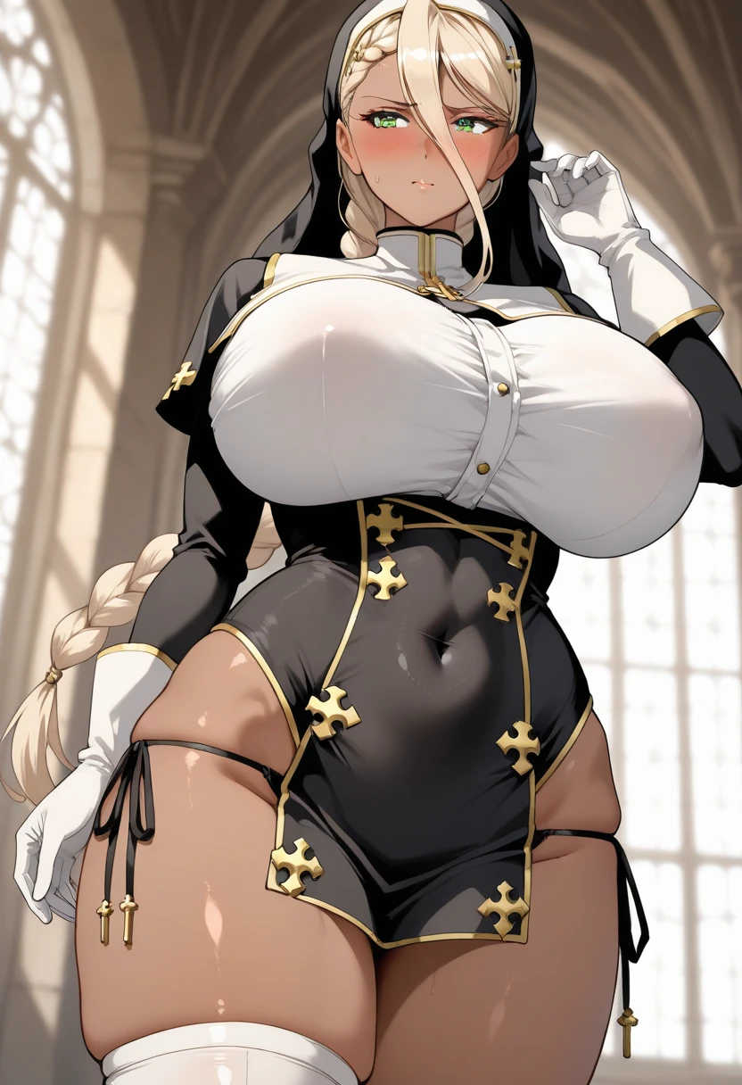 olga discordia, long black hair, colored skin, brown skin, hair stick, bangs, blue eyes, solo, smiling, standing, upper body, hips, bare shoulders,purple thighhighs,white dress, gold jewelry,armor,gloves,circlet, cleavage, red and gold royal castle, gigantic breasts, (best quality, masterpiece, beautiful and aesthetic:1.2, highest detailed face, perfect face,) eyes, perfect face,expressive eyes,
looking at viewer, in the center of the image,(Upper_body),(Focus on her face),
official art,extremely detailed CG unity 8k wallpaper, perfect lighting,Colorful,
(masterpiece:1.0),(best_quality:1.0), ultra high res,4K,ultra-detailed