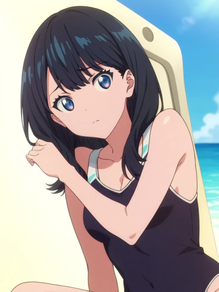 Aki,solo,looking at viewer,blue frill bikini,small breasts,seductive smile,armat side,wariza,blue sky,white cloud,