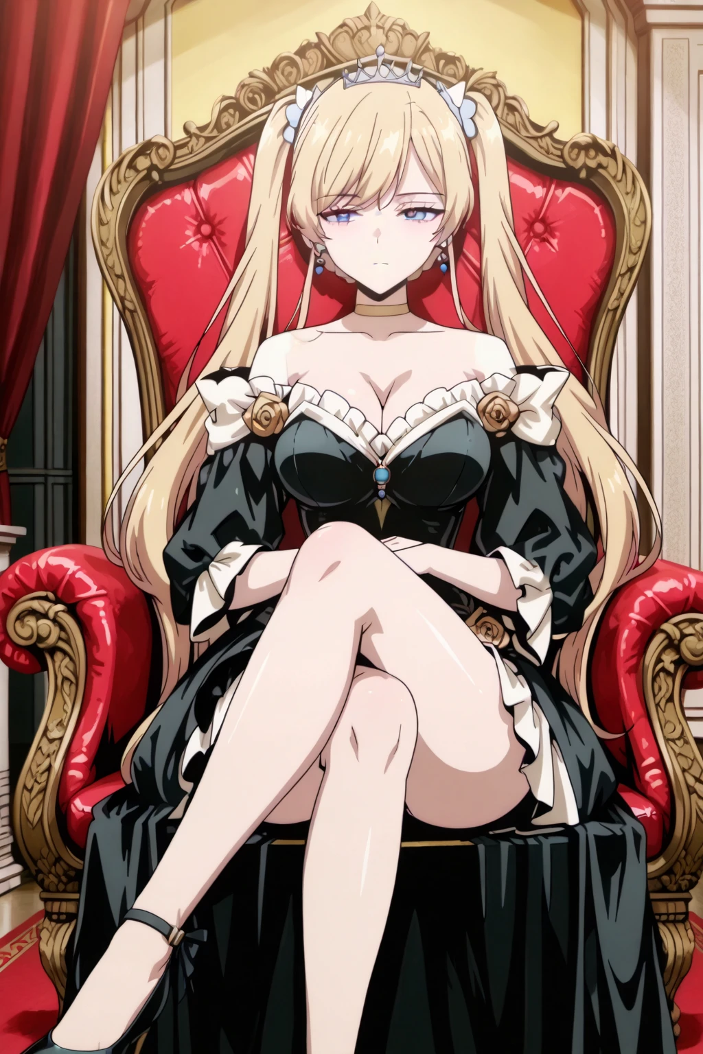 <lora:Kongou_Aoki:0.8>, red eyes, blue lips,blond hair, medium breasts, spread legs, restaurant,black evening dress, lifts the dress, sitting in a chair, frontal view, looking at the viewer, a glass of wine in her hand, panties are visible