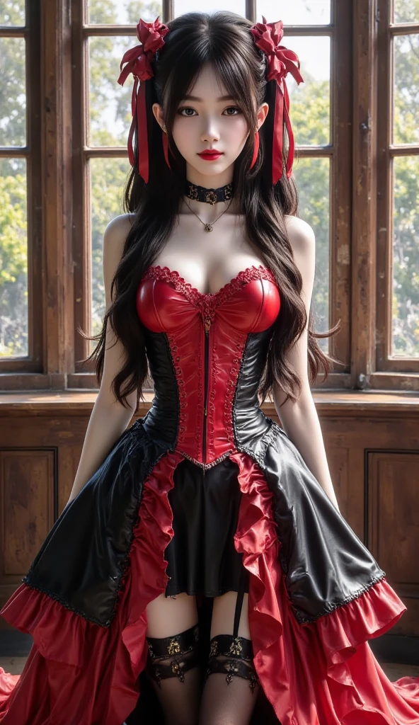 Chocolate-covered vampire girl idol、large full breasts、beautiful foot、、、Good Style、、、Cute outfit in shiny red covered in chocolate（a miniskirt、White and black striped knee socks、、、A dark-haired、Small fangs、dark fairytale、