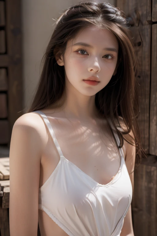 Gorgeus Girl, Beautiful, Baby Face, 20 Years Old, White Skin, Colossal Breasts, Side Lying Pose, White Loose Halfway Dress, Smelling her Armpit, Blue Eye, Muscles, Bokeh, Modern Place Background, Masterpiece, Fullbody Shot