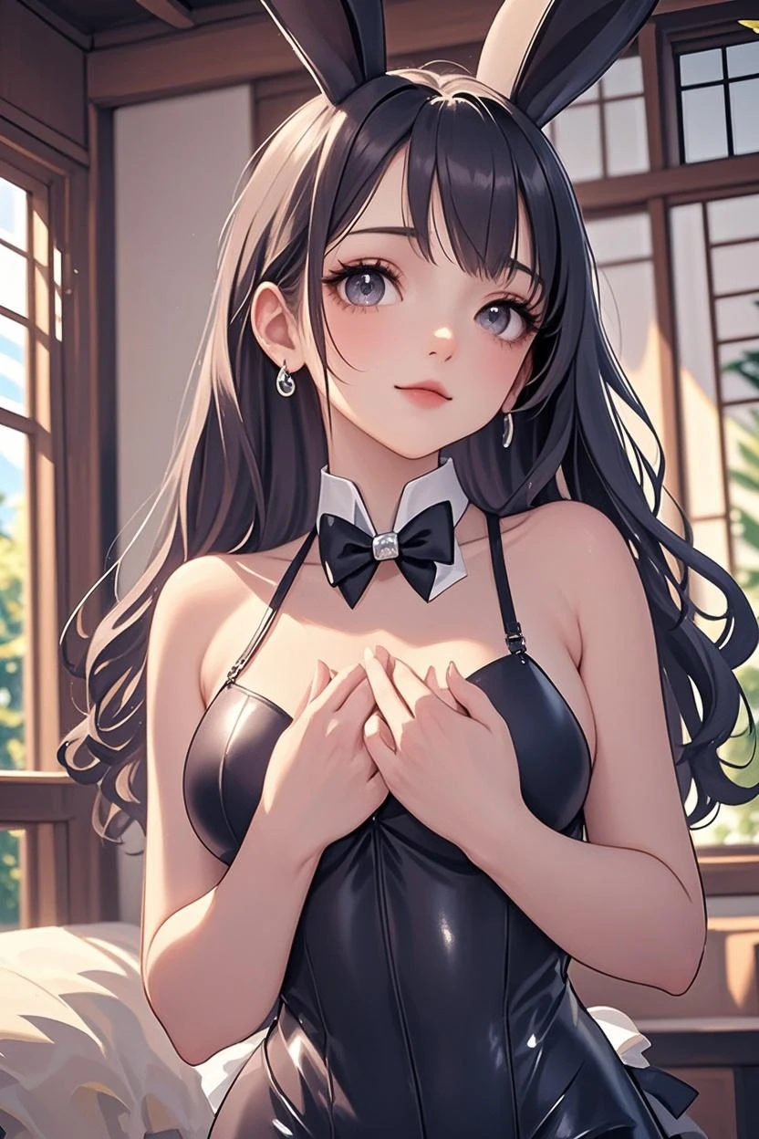 (Close-up:1.4)、(RAW shooting:1.2)、(photorealistic:1.4)、(masterpiece:1.3)、(highest quality:1.4)、solo、7 head and body、(slender and beautiful girl)、cute、(beautiful detailed eyes)、(charming big eyes)、(beautiful double eyelids)、8K、Velvet bunny costume、velvet、Bunny girl black costume、bunny girl figure、bokeh background、 Blurred feeling、 transparent material shoulder strap、 girl&#39;s room、smile、happy eyes、white skin、pretty girl、looking at the camera、High heel、(Medium chest:1.2)、(cleavage)、(full body shot)、white choker and black bow tie、White cuffs、brown hair、(small butt)、(beautiful hands)、(beautiful thighs)、cute系、(perfect anatomy:1.2)、