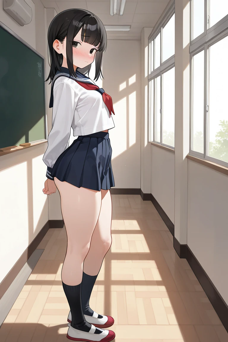 NSFW, (Realistic, photo Realistic:1.2), ((highest quality)), Shift the center of gravity backwards, 1girl, hair clip, Thighs, View your viewers, School gym suit, , Bloomers, Adjust your shirt, (squat:1.2), classroom