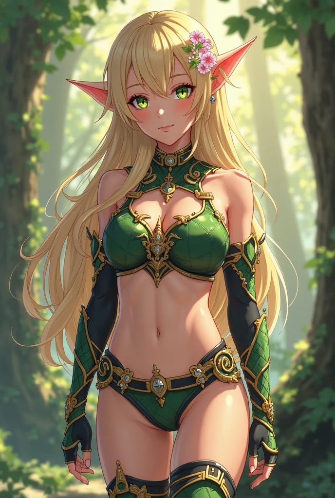 ((highest quality)),(ultra high resolution),(Super detailed),(detailed description),((best CG)),(best work of art),super precision art, great drawing art,(Art with precise details:1.5), (1 young girl:1.5), beautiful and well-shaped face:1.5,(Beautiful skin with precise and detailed depiction:1.6),(sleeveless halter neck sports bra, elastic waist band shorts ),gorgeous, masterpiece, best quality, high-resolution, finely detailed, extremely detailed and beautiful, distinct-image, 1 girl, 16 year old teenager, solo, soft and cute facial features, big round light green eyes, symmetrical face, plump thick lip, alabaster white skin, short height, slim beautiful body, slim waist, long golden blonde hair, leaf clothing adorns her body, elvish ears