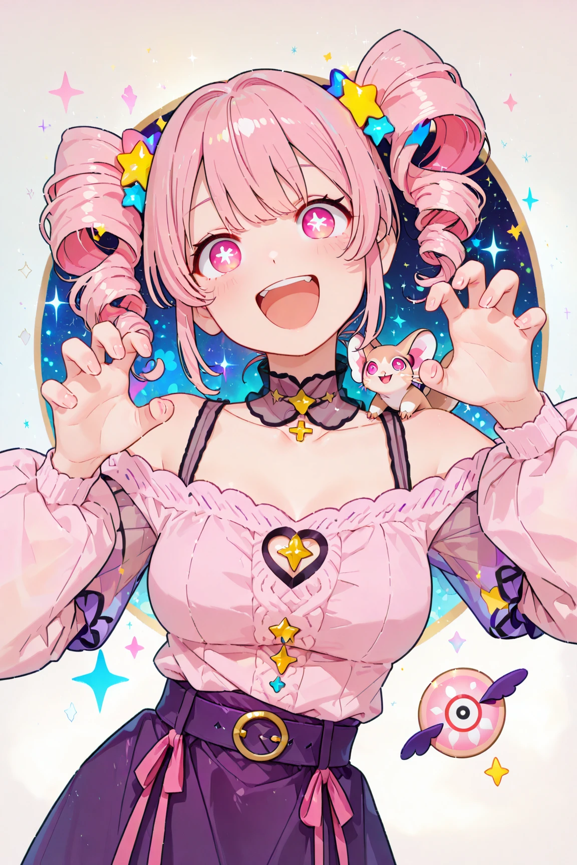 A masterpiece of a mature woman with big breasts, dressed in a pastel pink Japanese maid cafe outfit, with studio lights and beautiful shading, featuring kawaii elements like cow ears and pastel pink spots on ears, cute pastel colors, pastel blue rainbow hair with highlights, decorated with hairclips, ornaments, stars, hearts, and a cowbell. The image should have ultra detailed and best quality, with cinematic lighting and an adorable, decora style with many accessories.