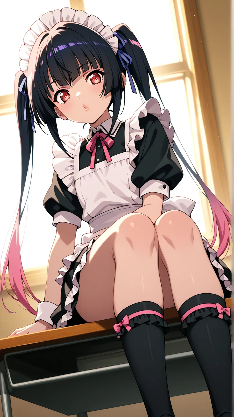 1girl, aster nemesis, dark-skinned female, black hair, very long hair, yellow eyes, flat chest , twin tails, looking at viewer, , , tanned body,from below, ,,8yo,,smile,,(spoken heart),(((maid costume))),miniskirt,thighhighs,,wariza,open mouth,tongue,from above
