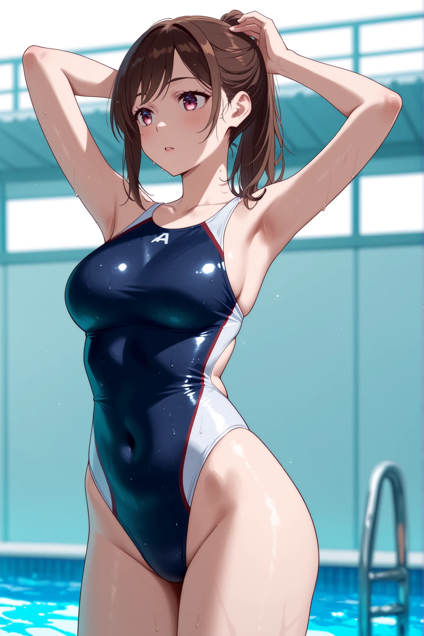 (masterpiece、Highest quality、In 8K、High resolution:1.2)、alone、One Girl、 Fumika Sagisawa、Feeling embarrassed、Look at the viewers、whole body、Transparent competitive swimsuit、Transparent racing swimsuit、Glossy body、Wet body、locker room、Low - Angle