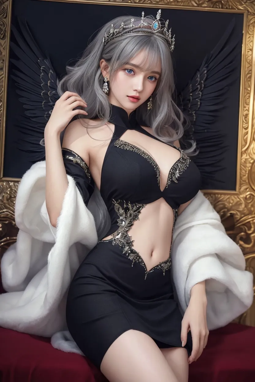Girl, silver and gray uniform, topless, bare shoulder, gray hair, tiara, glove, chokes, gray long sleeves, ear wear, detailed hand, oval face, detailed face, parted smile lips, picture form top to knee, sexy pose, large breasts, look at camera, camera from top to bottom, detailed, photorealistic, best quality, dark cave background