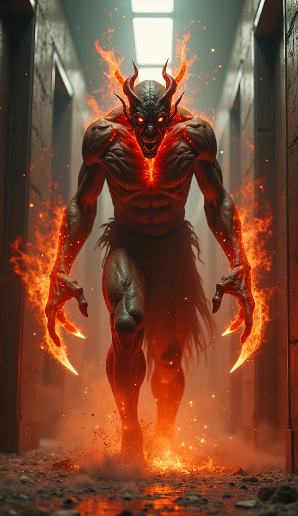 (focus on a hauntingly beautiful bioengineered creature:1.2),Human-like alien landscape, bad face angry, skin,hornfire,Without clothes, full body,Fire tail Barefoot ,dreadful colorful dark unfocused background, (ultra resolution:2), detailed masterpiece.