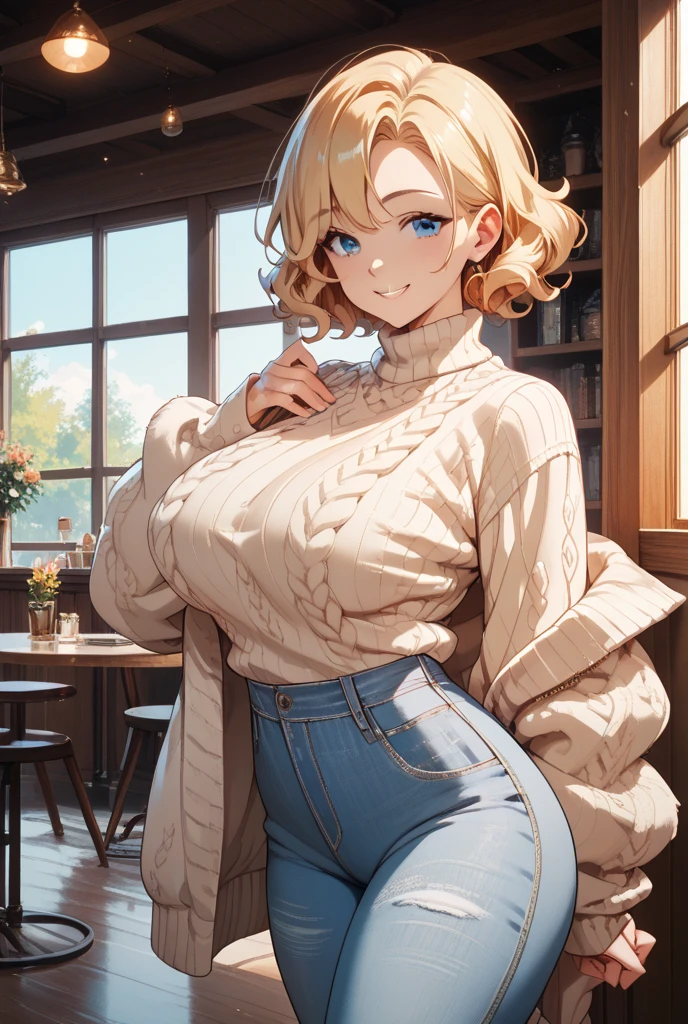 masterpiece, best quality, 1girl, solo, mature female, huge breasts, narrow waist, wide hips, curvy, curly hair, short hair, short bangs, blonde hair, blue eyes, turtleneck, turtleneck sweater, ribbed sweater, white sweater, brown pants, standing, indoors, sexy pose, seductive smile, looking at viewer