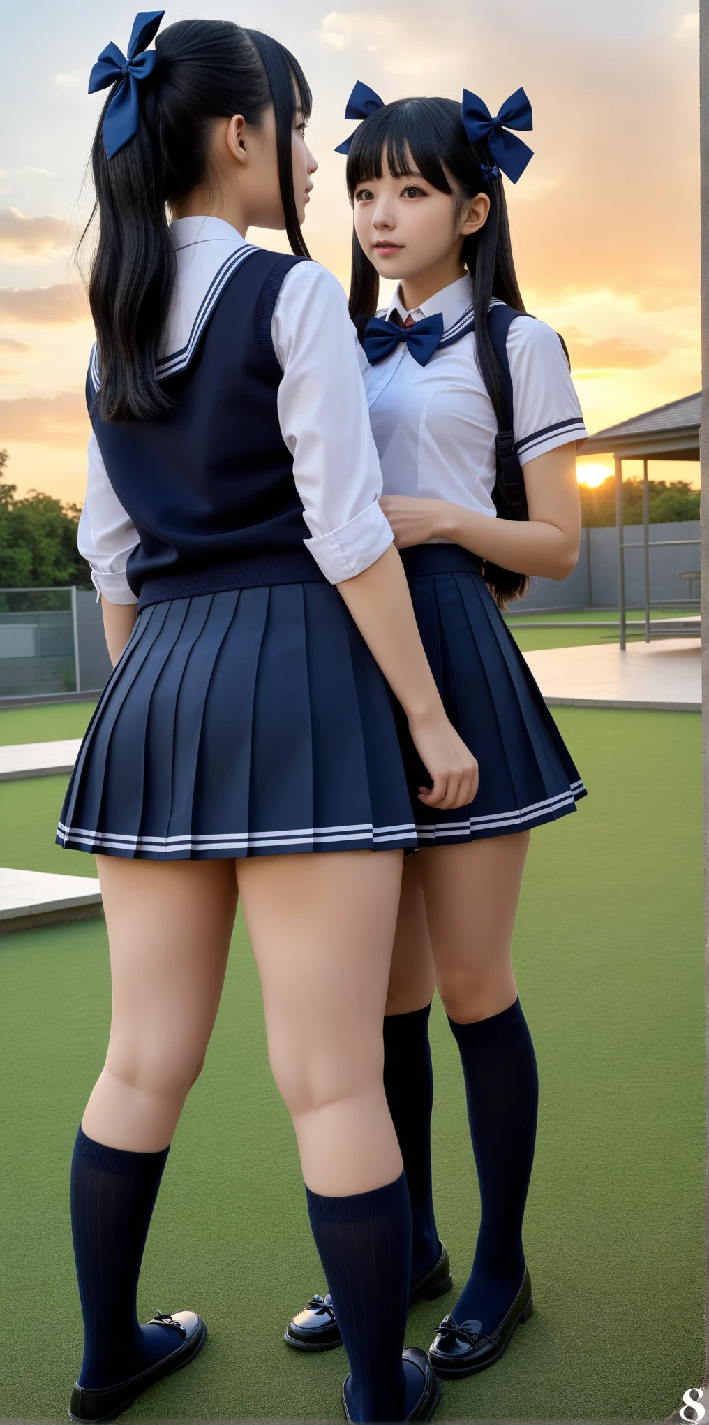 masterpiece, best quality, photo realistic, {{2girls:1.2}}, {18 years old:1.5}, (one girl is black hair and one girl is blond hair:1.6, pixie cut:2, French braid), sexual act, masturbation, pussy, {A big penis grows out of a pussy, penis, futanari masturbation, futanari:2, woman with penis, vaginal penis}, looking at viewer, ((long sleeve sailor  wearing:1.8, blue school skirt)), ((walking on touch each other's between legs:1.8, hold penis:1.6)), each other hand jobs, {{{{vulgarity}}}}, medium breasts, (breasts out:1.6), show nipples:1.5