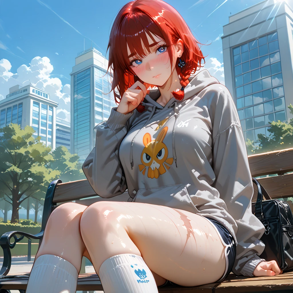 1girl, solo, orange hair, twin buns, blue eyes, eyeliner, light grin, medium breasts, white hoodie with light blue hood, black choker, denim shorts, light blue sneakers, frow below