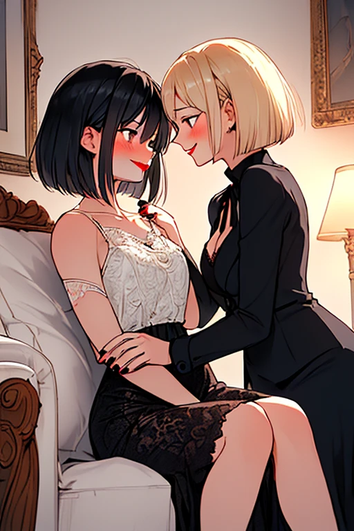 (masterpiece、top-quality、hight resolution、Unity 8k Wallpaper、extremely details CG:1), The film describes a scene in which two women are beginning a lesbian sexual act together on a bed in a private room. The young woman, nervous for the first time, is being coached by an experienced lesbian senior. The senior gently touches the young woman's body and gently teaches her lesbianism. The intimate setting, in which they only see each other, accentuates their loving relationship and expresses the young woman's desire for the unknown and pleasure from her senior. nsfw