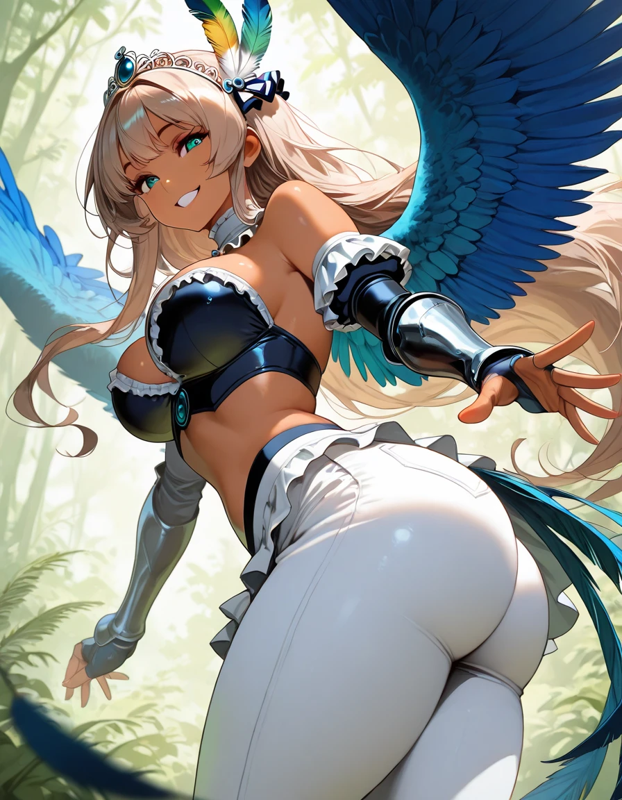 4k,High resolution,one woman,harpy,blue hair,long ponytail,big breasts,big white wings,golden toenails,Princess,Princessのティアラ,underwear,Black high-leg pants,black bra,jewelry embellishments,in the forest