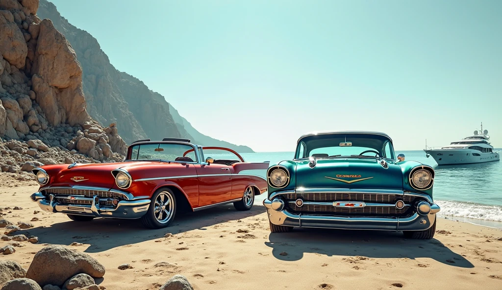 ((A realistic photo of a 1952 Dodge Kingsway Custom)),British Racing Green color with chrome mag wheels, parked at a surf beach on a summers day, best quality, very hi definition, 8k, Surfboards and bikini Girls standing next to the car, a 1950s poster,