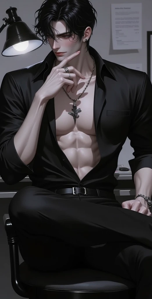 (absurdres, highres, ultra detailed), 1 male, adult, handsome, tall muscular guy, broad shoulders, finely detailed eyes and detailed face, black very long hair, gray eyes, handsome, fantasy, gothic, wolf ears, wolf tail, Sunlight, Fantastic light and shadow, Scenery, portrait, vampire fangs, open mouth, sexy, attractive, full body, tongle, no clothes, no shirt,, Dog Collar, bangs, cute face, sitting on the couch, black leather pants, no shirt