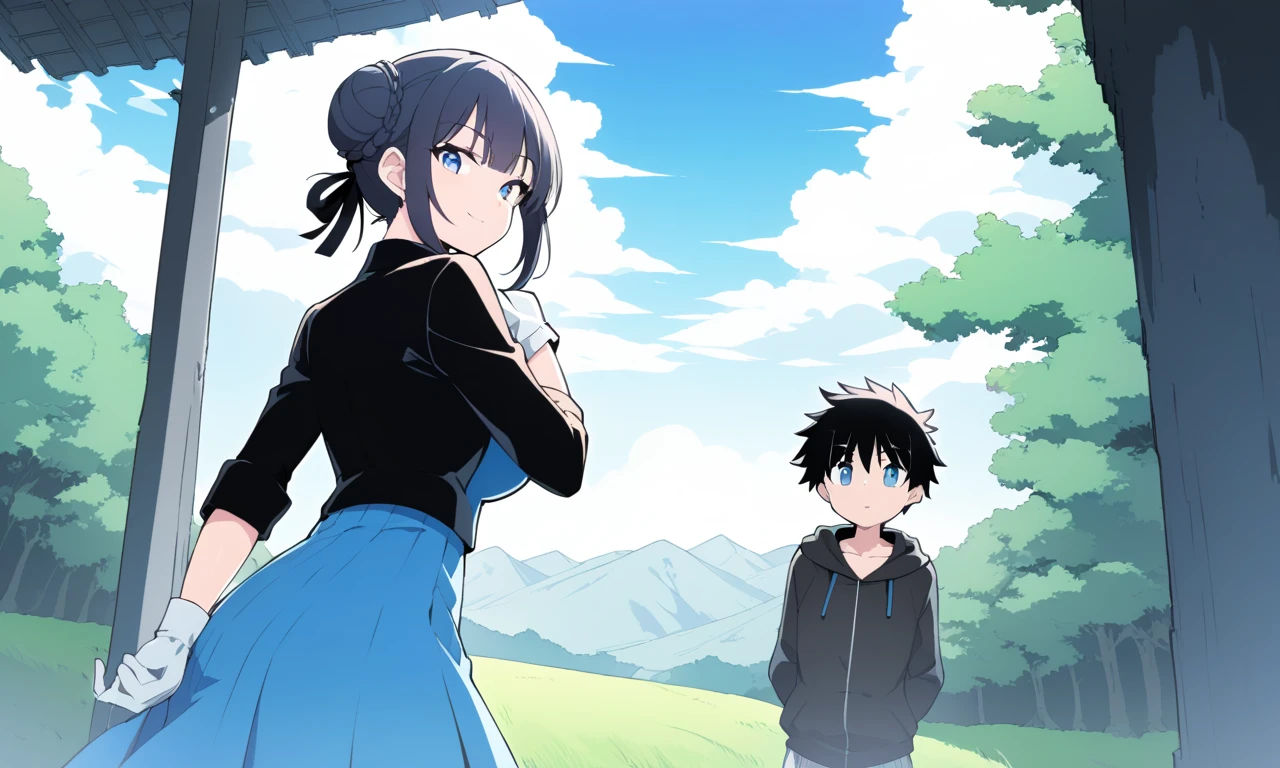 1 boy, 1 girl, boy hug girl from behind, boy’s short black hair, a boy’s handsome face, long sleeve white shirt for the boy, long black pants for the boy, the girl’s hairstyle of Hotaru Tomoe, Purple Eyes, Black Hair, Bob Hair, Bob Haircut, Smile Bare Neck, Bare Arms, Bare Shoulders, Ruffle Off the Shoulder Top, Strapless Dress, Purple Dress, Long Dress, Outside Background. Night Falls.