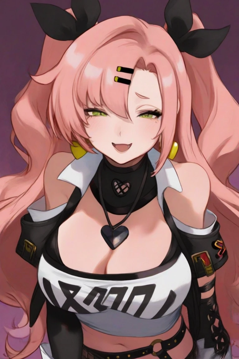 best quality, (masterpiece),(ultra-detailed), (high quality), (high resolution),   <lora:lunaria:0.7>,1girl, animal ear fluff, animal ears, artist name, bangs, belt, blush, breasts, cleavage, clothing cutout, grin, hair between eyes, hairband, holding can, large breasts, long hair, looking at viewer, lunariaayaren, multicolored hair, open mouth, parted lips, pink eyes, pink hair, red hair, solo, spiked collar, spikes, striped gloves, tail, thighhighs, twintails, upper body, very long hair