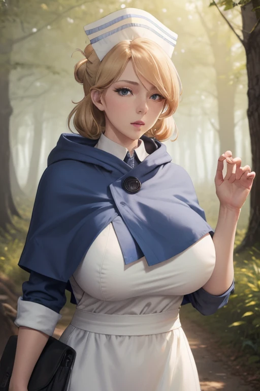 masterpiece, best quality, <lora:castti-nvwls-v1-000009:0.9> castti, hat, blue capelet, blue dress, apron, exposed breasts, seiza, on ground, nipples, looking at viewer, blushing, frown