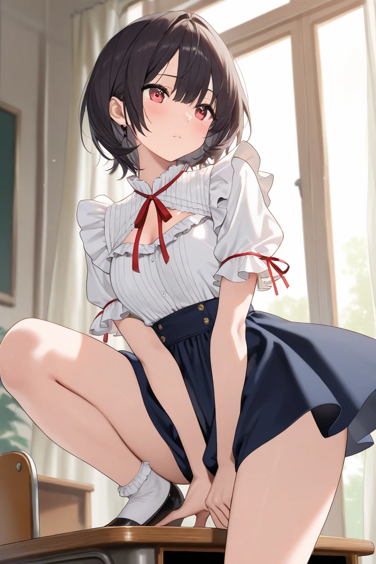(masterpiece), mature school girl, sexy, posterior, floral lace undies, natural light, photorealistic, cameltoe, diffused light, depth of field, white skirt, steam, (lift skirt), (urination), lifelike,(gravure pose: 1.2)